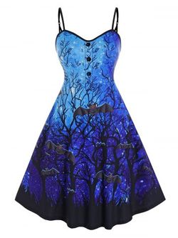 Plus Size Galaxy Branch Bat Print Backless Halloween Dress - BLUE - L