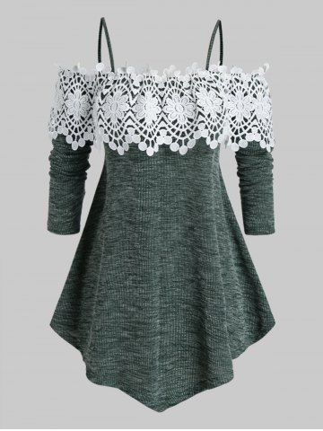 Plus Size Cold Shoulder Lace Guipure Marled Knitwear - SEA GREEN - L