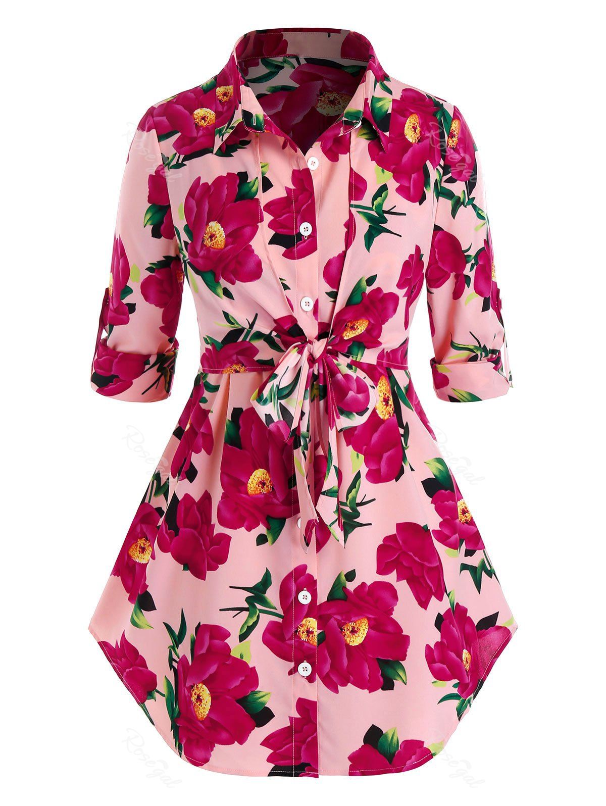 

Plus Size Flower Roll Tab Sleeve Curved Hem Knotted Blouse, Pink