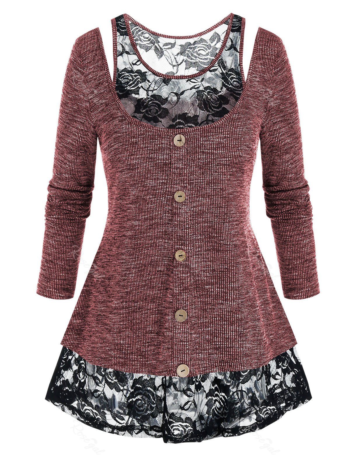 

Plus Size Marled Lace Panel Cutout See Thru Tee, Red wine