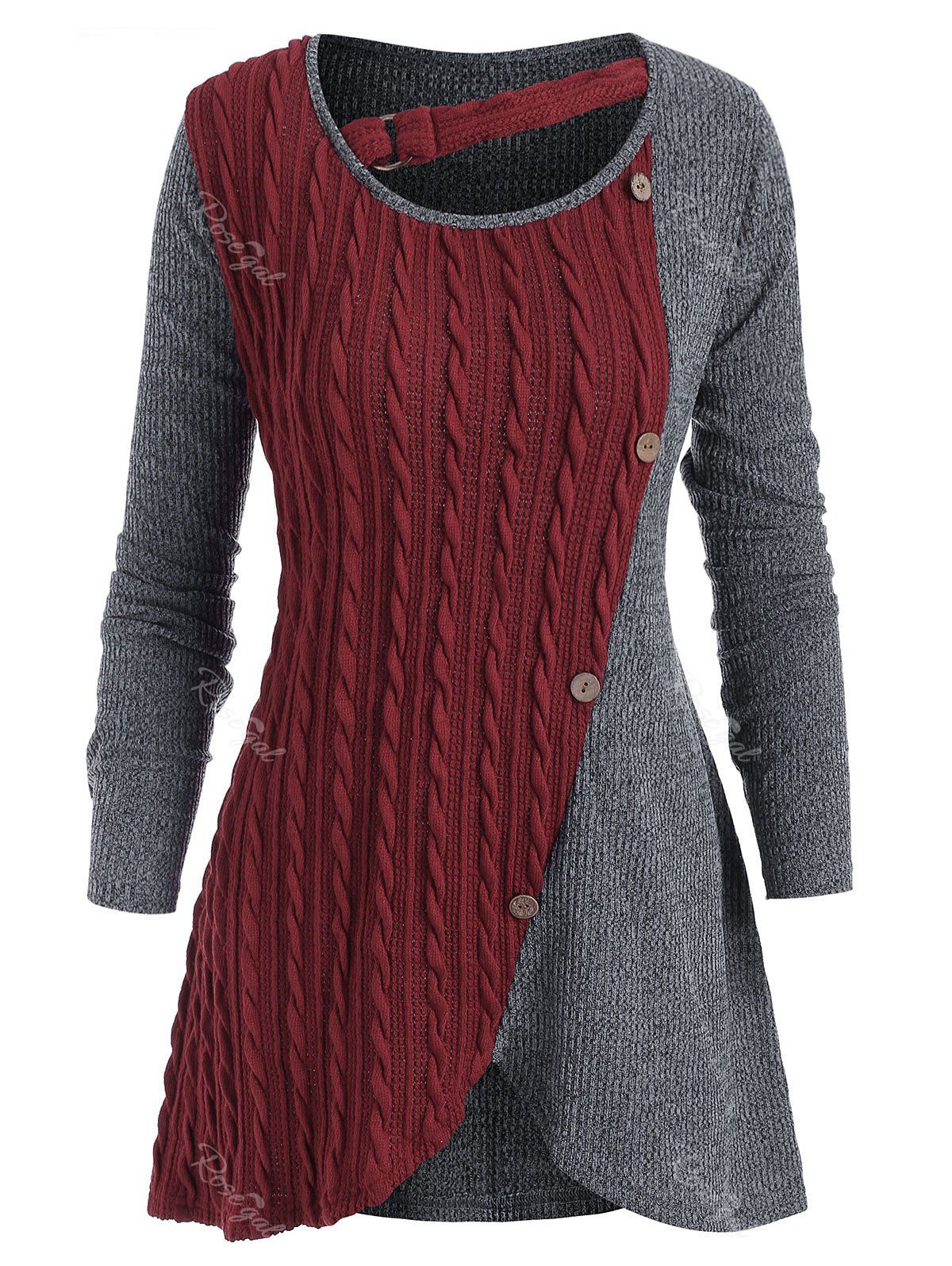 

Plus Size Cutout Colorblock Cable Knit Sweater, Deep red