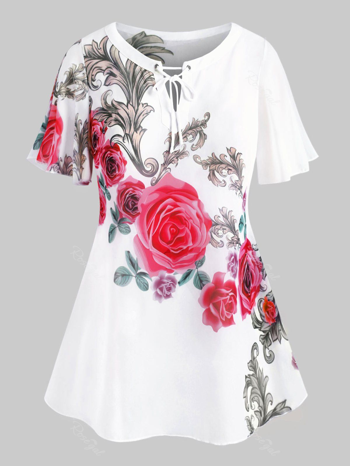 

Tie Collar Floral Plus Size Chiffon Blouse, White