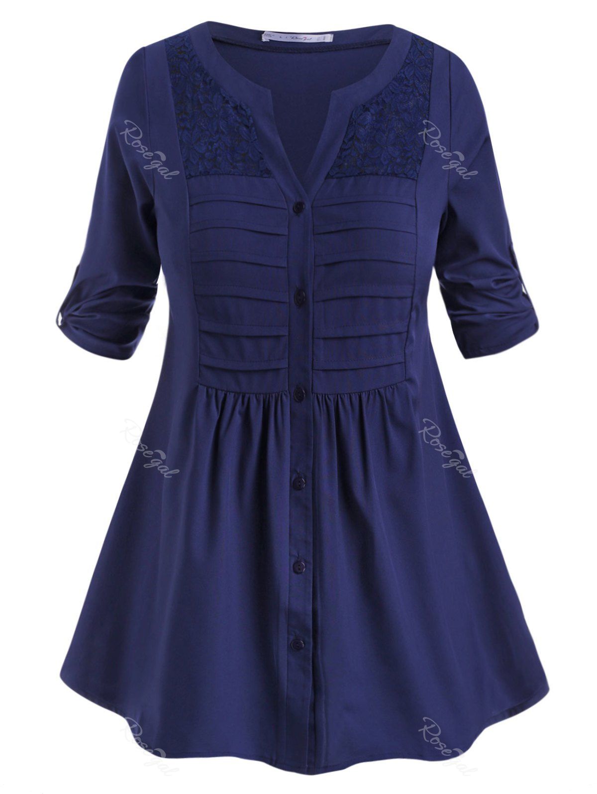 

Tab Sleeve Button Up Pintuck Plus Size Blouse, Deep blue
