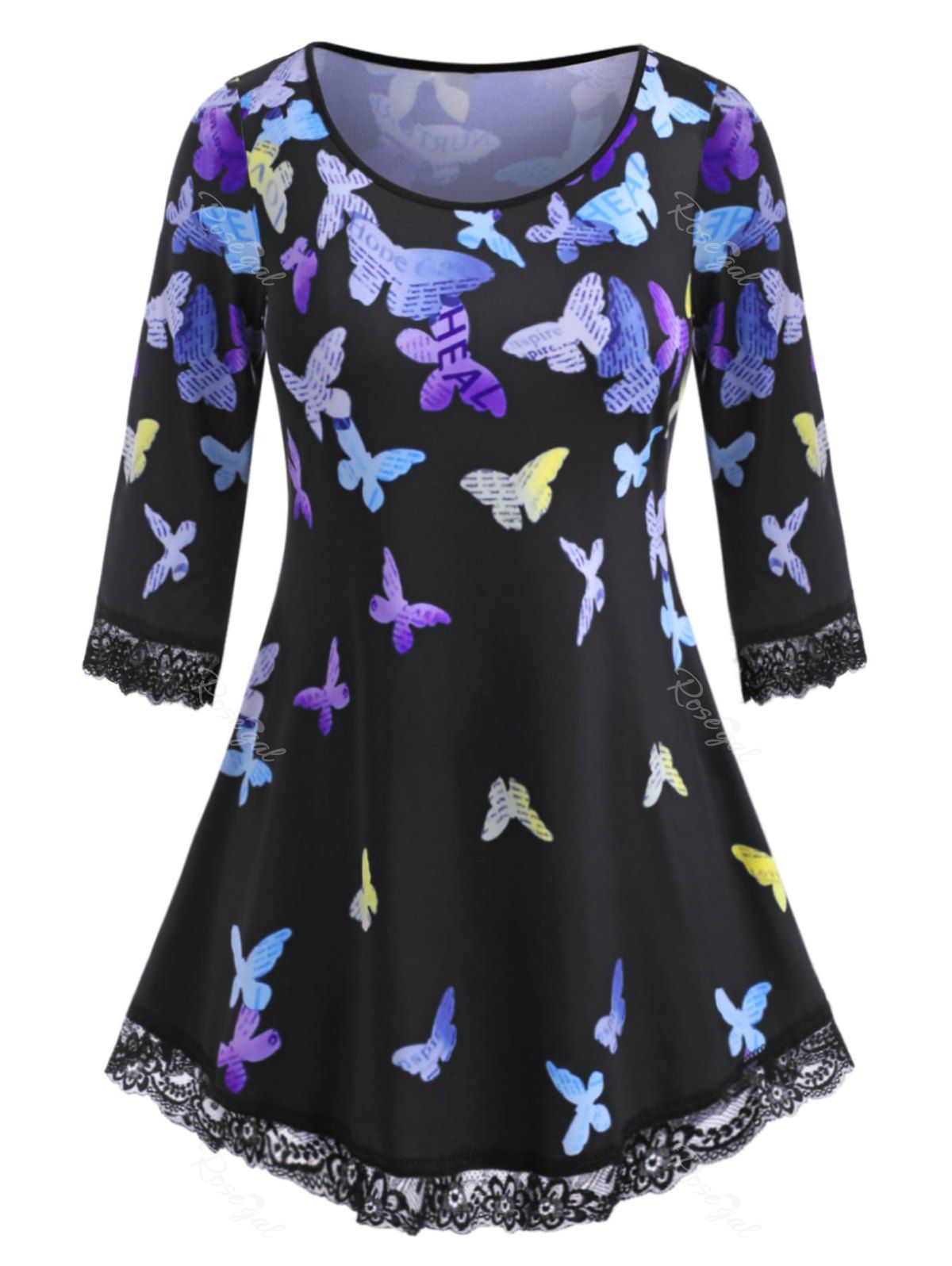 

Scalloped Lace Trim Colorful Butterfly Plus Size Top, Black
