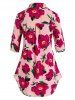 Plus Size Flower Roll Tab Sleeve Curved Hem Knotted Blouse -  