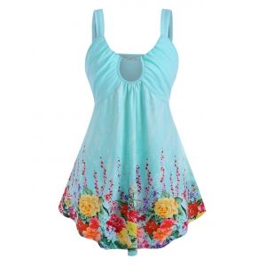 

Plus Size Keyhole Floral Print Tank Top, Light blue