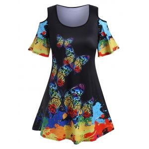 

Plus Size Rainbow Color Butterfly Print Cold Shoulder T Shirt, Black