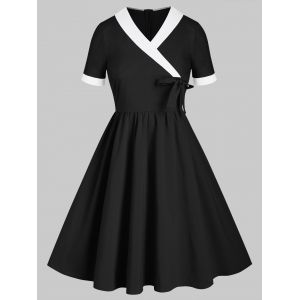 

Shawl Collar Surplice Bowknot Two Tone A Line Dress, Black