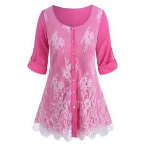 

Plus Size Lace Overlay Roll Up Sleeve Blouse, Light pink