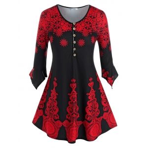

Plus Size Snowflake Printed Ruffle Cuff Tunic Top, Black