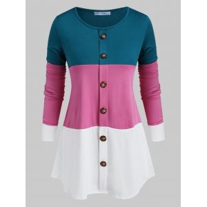 

Plus Size Buttoned Colorblock T Shirt, Multi