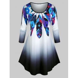 

Plus Size Feather Print Ombre Curved Hem Long Sleeve Tee, Black