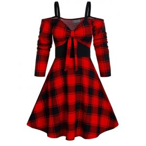 

Plaid Print Cold Shoulder Knotted Vintage Dress, Red