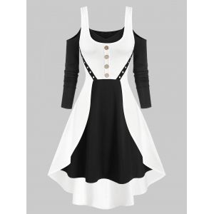 

Contrast Color Cold Shoulder High Low Two Piece Dress, Black