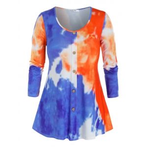 

Plus Size Tie Dye Mock Button Long Sleeve Tee, Light blue