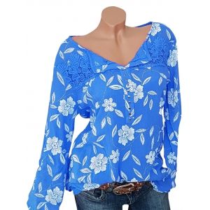 

Plus Size Lace Insert Studded Floral Blouse, Blue