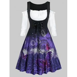

Plus Size Cold Shoulder Butterfly Flower Lace-up Frilled Dress, Purple iris
