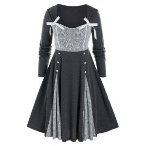 

Plus Size Skull Lace Patchwork Button Dress, Cloudy gray