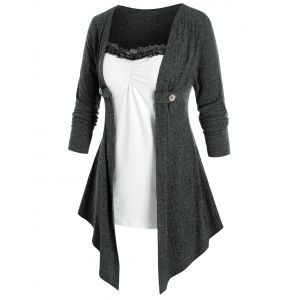 

Plus Size Draped Lace Panel Ruched Tunic Knit Top, Dark slate grey