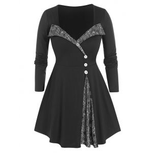 

Plus Size Lace Panel Buttoned Sweetheart Neck Tee, Black