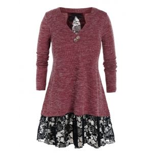 

Plus Size Lace Panel Bowknot See Thru Cutout Knit Sweater, Red wine