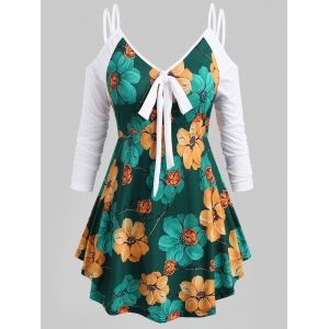 

Floral Tie Front Strappy Cold Shoulder Plus Size Top, Green