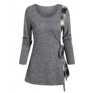 

Plaid Insert Long Sleeve Knotted T-shirt, Ash gray