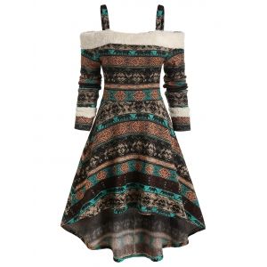 

Cold Shoulder Tribal Print High Low Dress, Puce