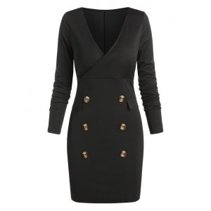 

Mock Button Long Sleeve Sheath Dress, Black