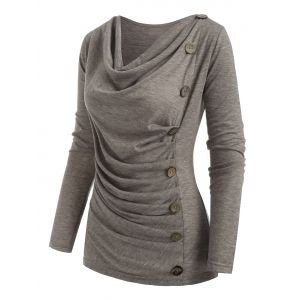 

Cowl Neck Heather Mock Button T-shirt, Light coffee