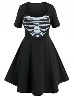 Plus Size Halloween Skeleton Print Gothic Dress - BLACK - L