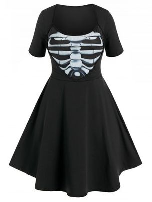Plus Size Halloween Skeleton Print Gothic Dress
