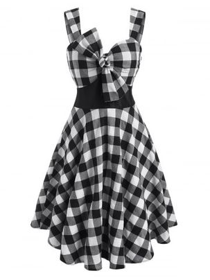 Bowknot Checkered Empire Waist Dress