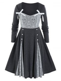 Plus Size Skull Lace Patchwork Button Dress - CLOUDY GRAY - L