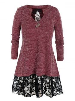 Plus Size Lace Panel Bowknot See Thru Cutout Knit Sweater - RED WINE - 4X