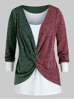 Plus Size Twisted Two Tone Bicolor Sweater and Tank Top Set - SEA TURTLE GREEN - 5X