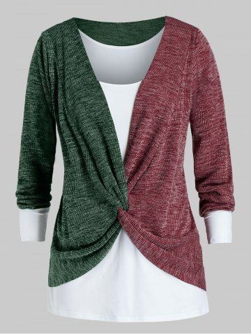 Plus Size Twisted Two Tone Bicolor Sweater and Tank Top Set - SEA TURTLE GREEN - 1X