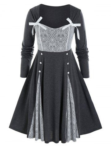 Plus Size Skull Lace Patchwork Button Dress - CLOUDY GRAY - 1X