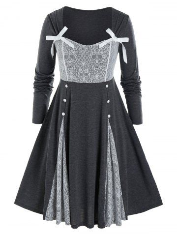 Plus Size Skull Lace Patchwork Button Dress - CLOUDY GRAY - L