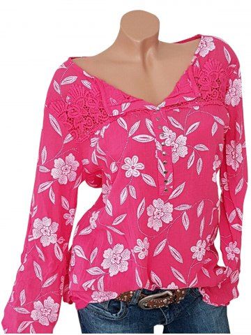 Más el tamaño de encaje floral Insertar tachonado de la blusa - RED - XL