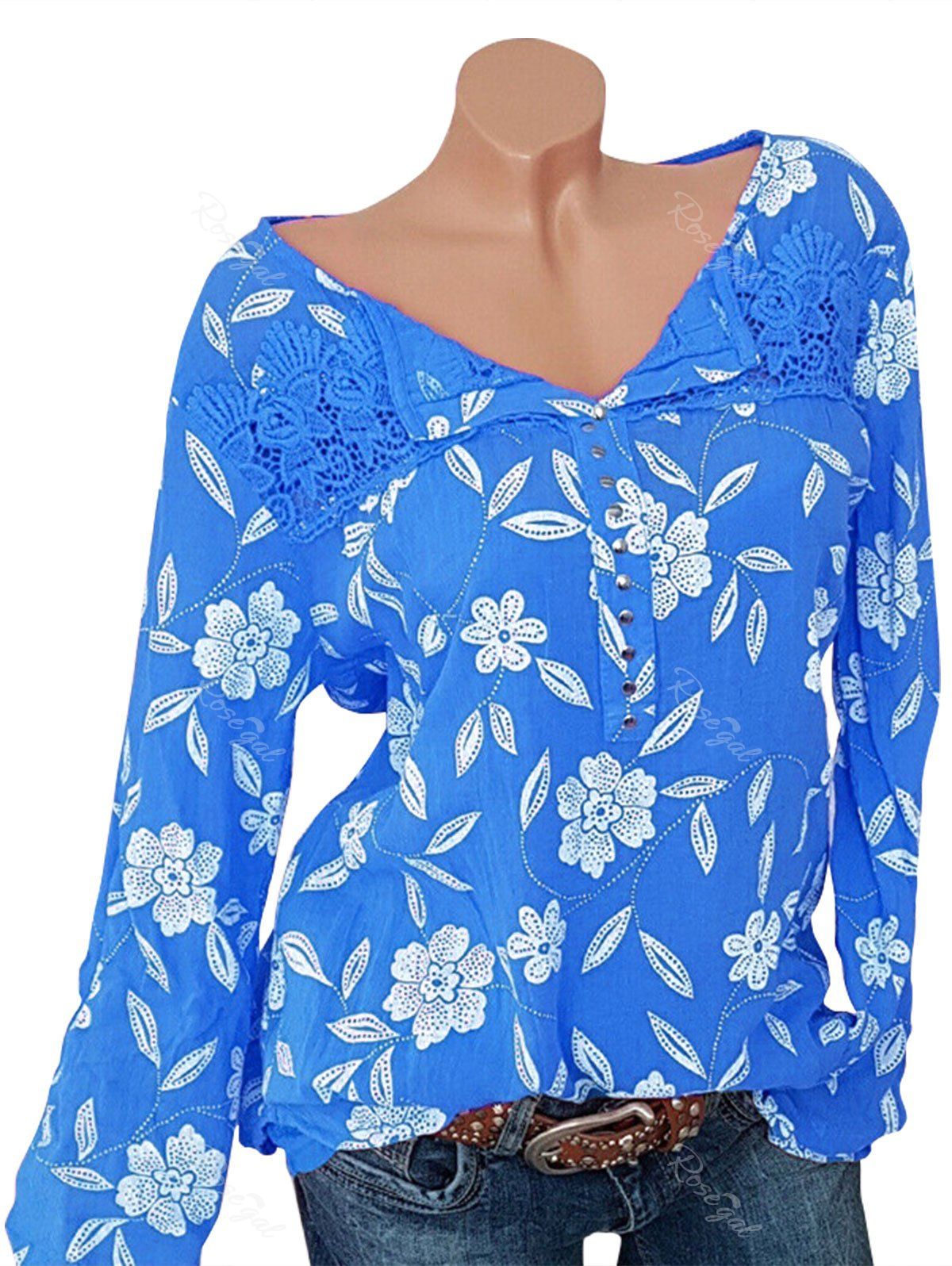 Blouse Fleurie Cloutée en Dentelle Insérée de Grande Taille Bleu 4XL