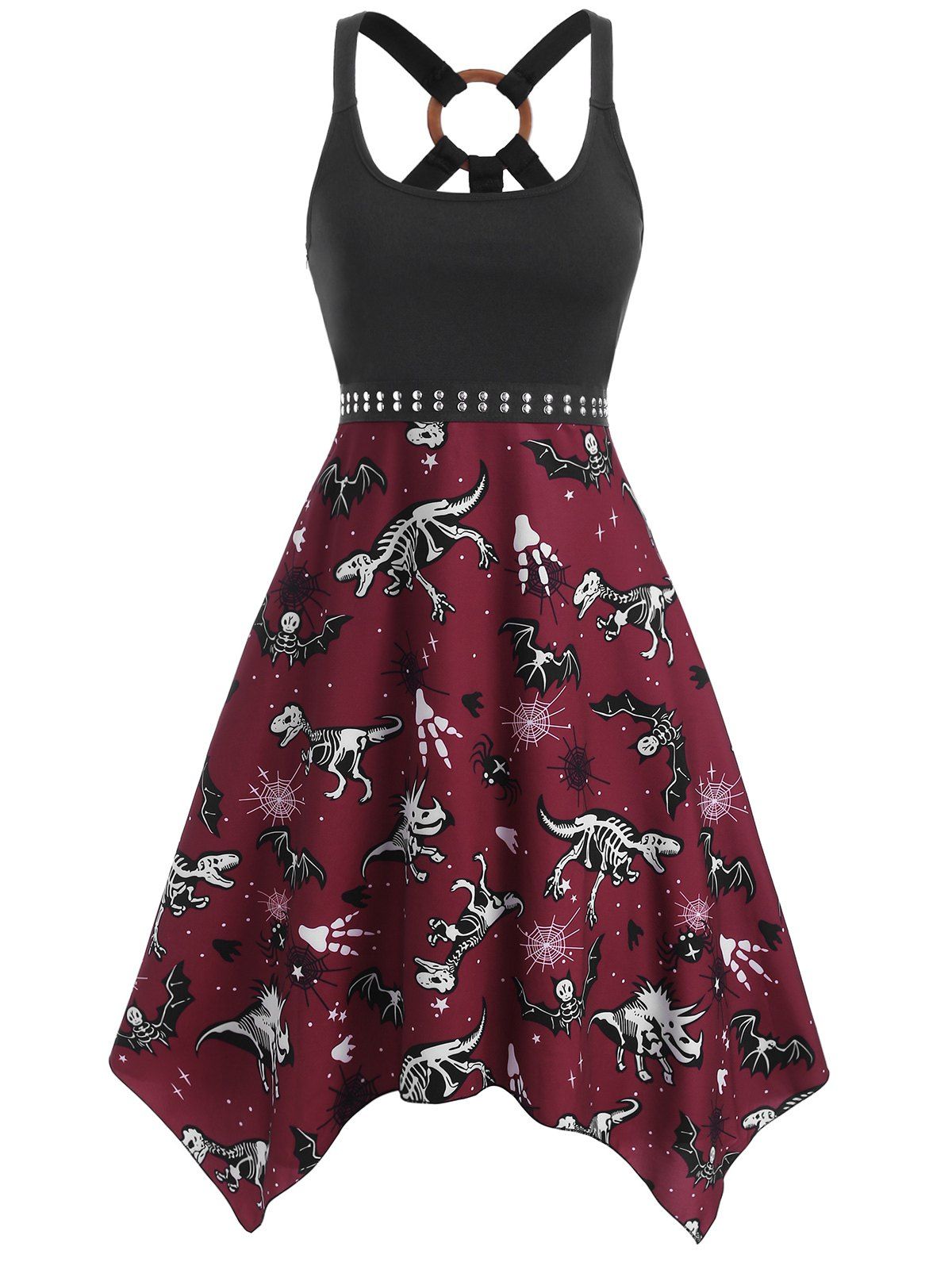 

Skeleton Dinosaur Bat Print O Ring Handkerchief Dress, Deep red