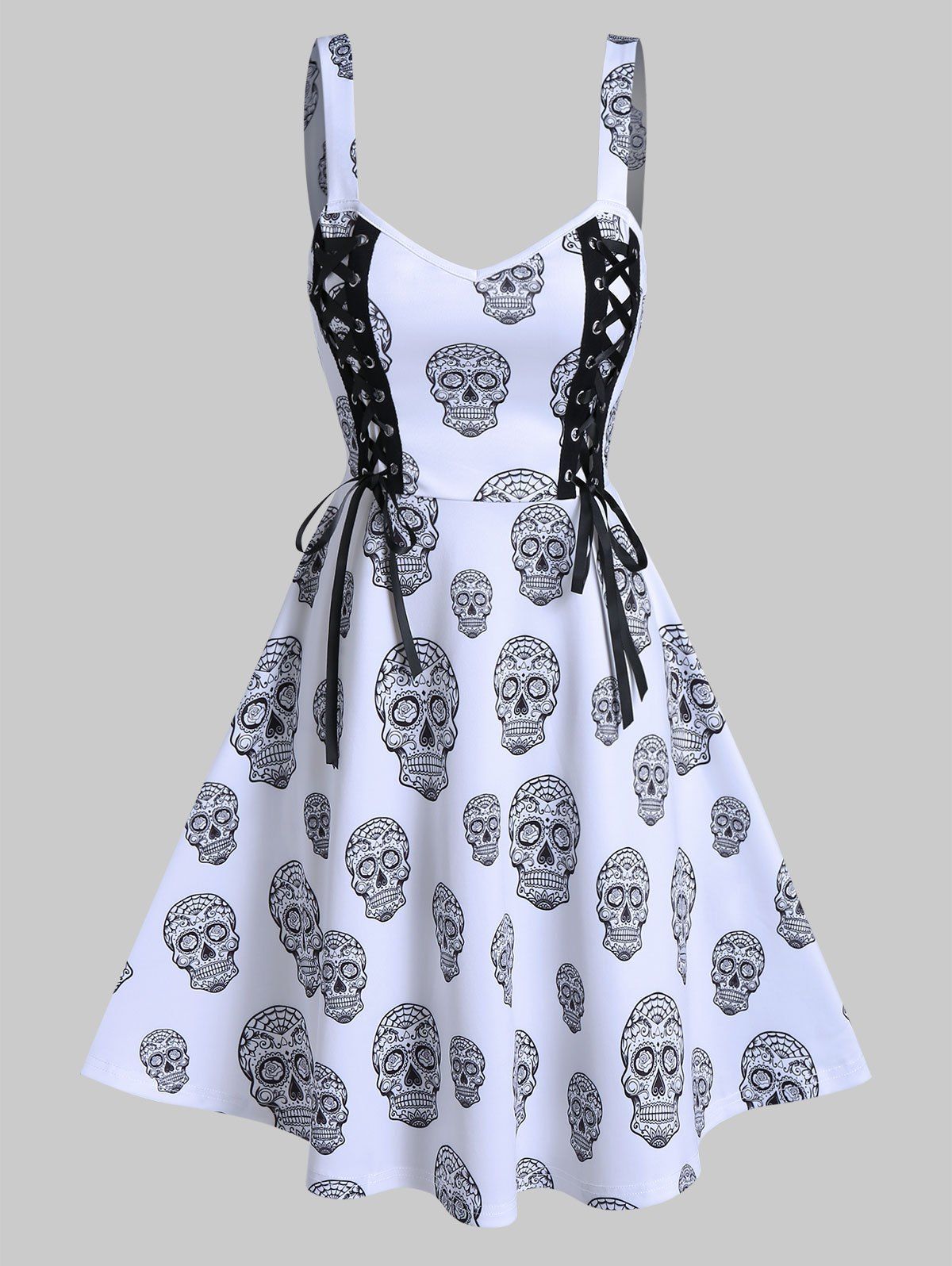 

Gothic Skull Print Lace Up Mini Cami Dress, White