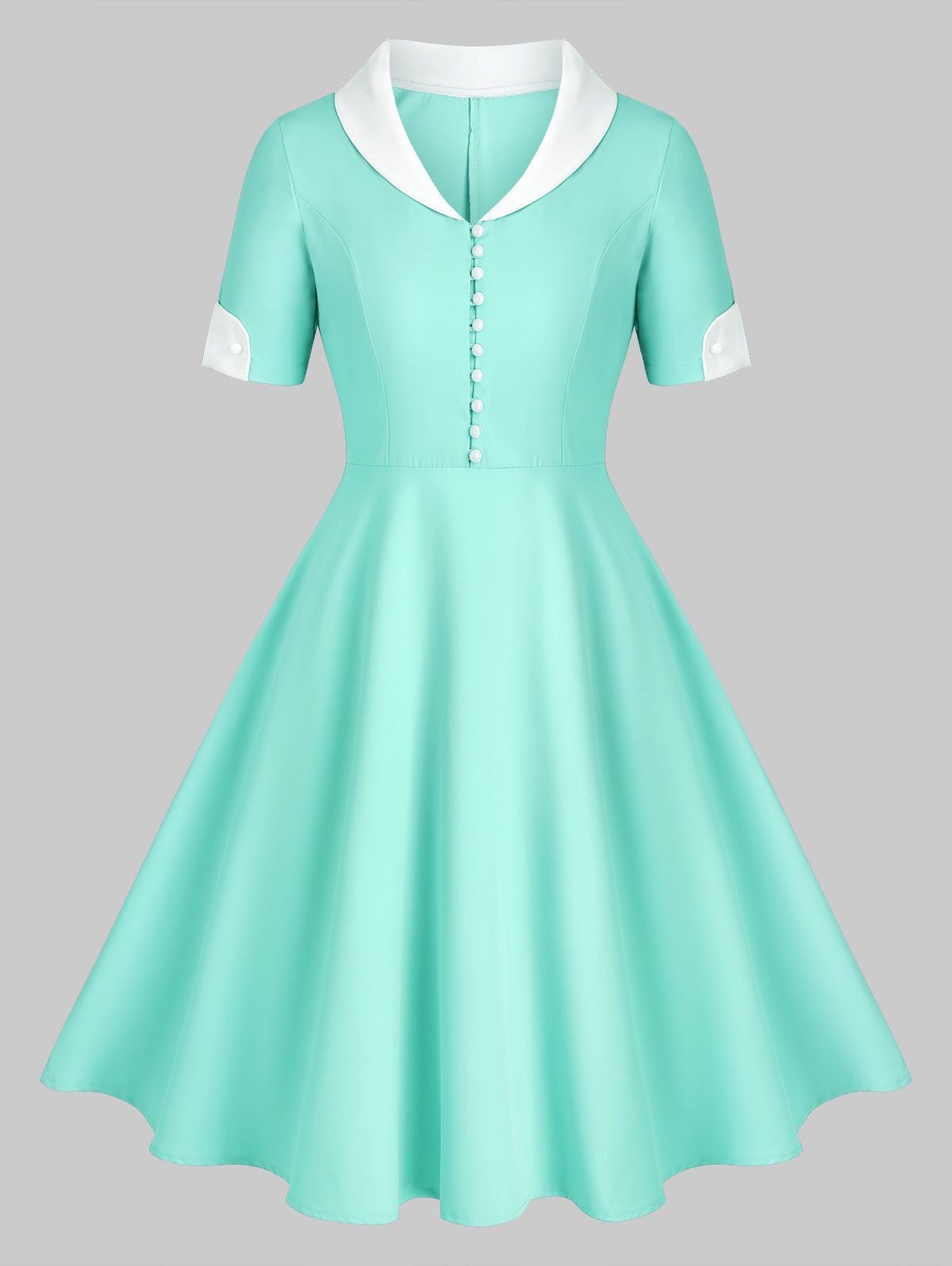 

Shawl Collar Button Placket Fit and Flare Dress, Light blue