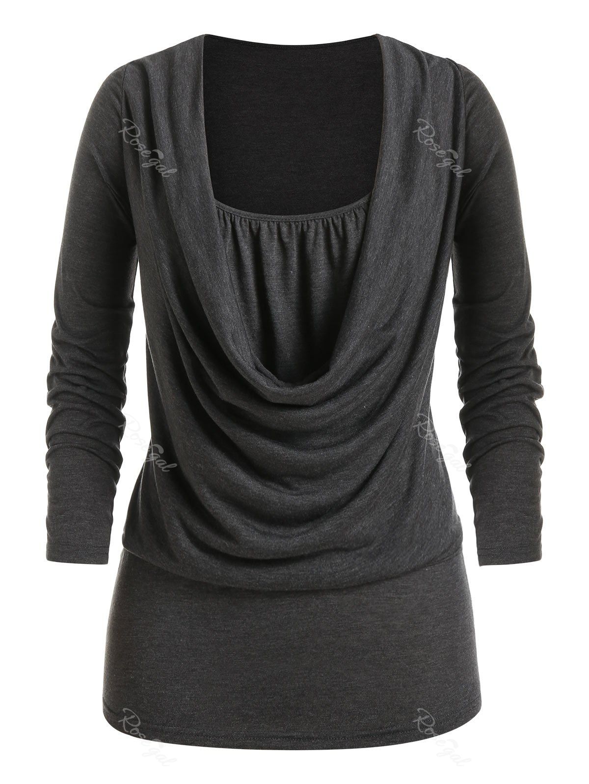 

Plus Size Draped Cowl Front Ruched Long Sleeve Tee, Carbon gray