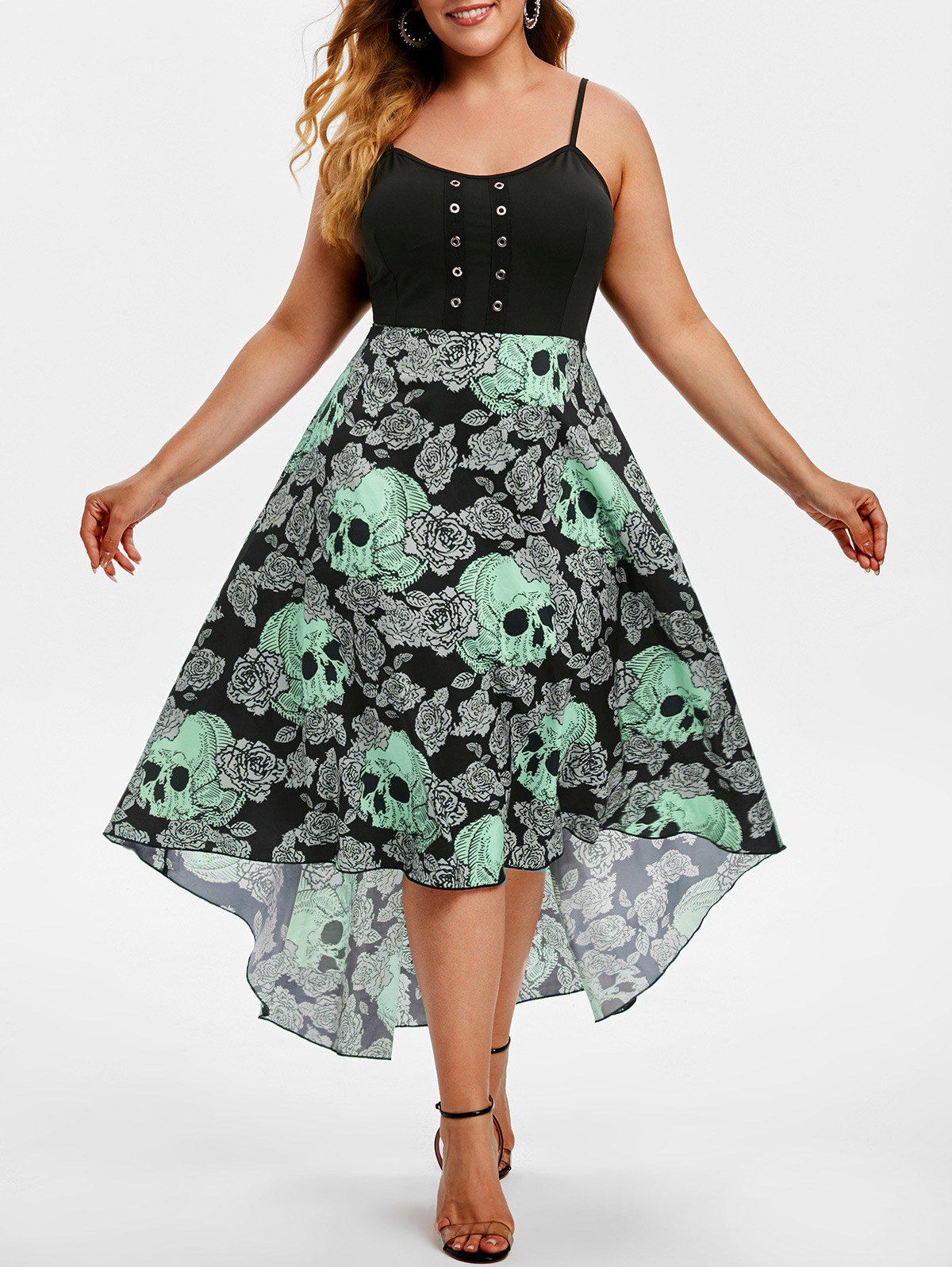 

Grommet High Low Floral Skull Halloween Plus Size Dress, Green