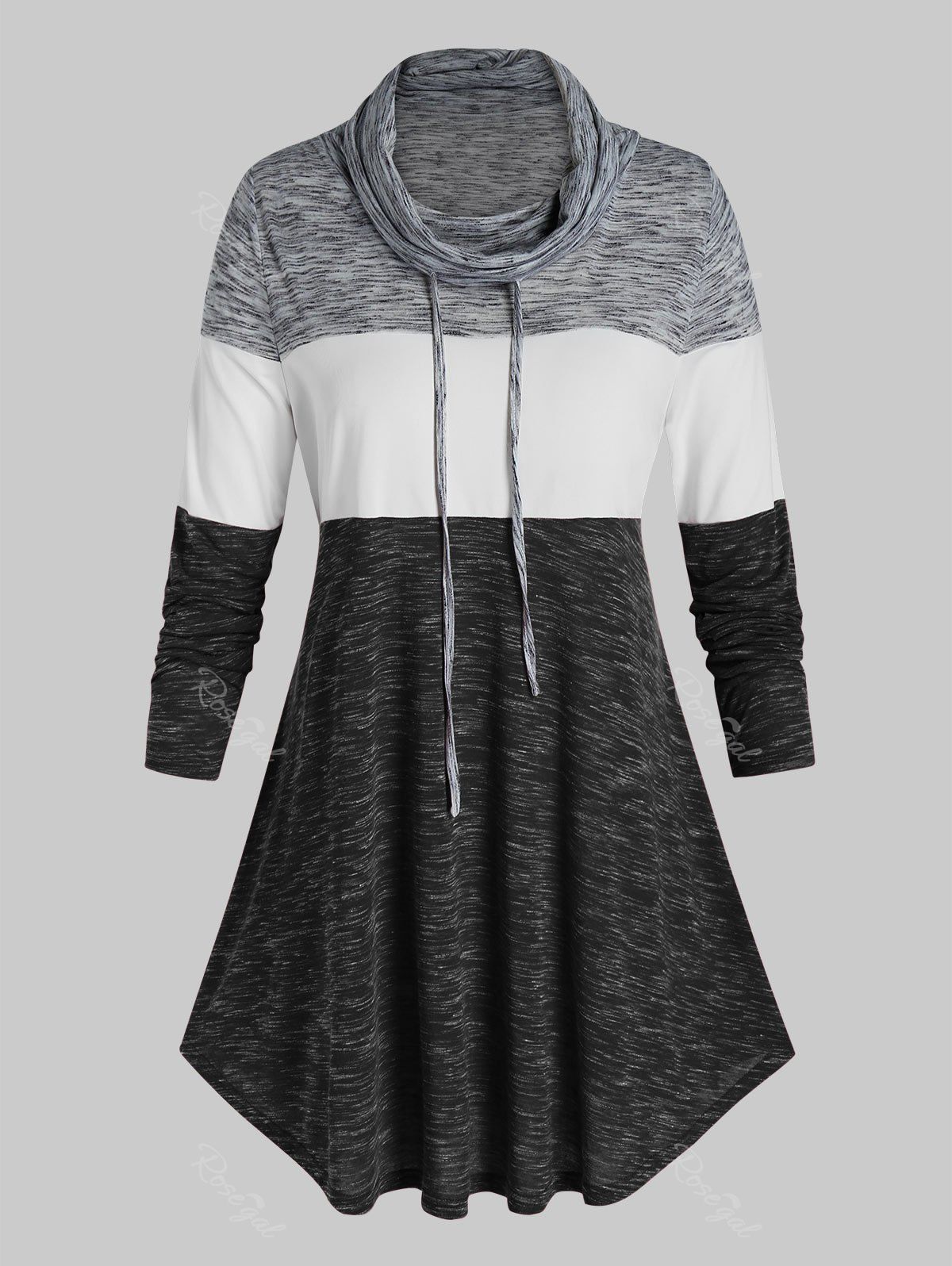 

Plus Size Color Blocking Space Dye Cowl Neck Curved Tunic Tee, Night