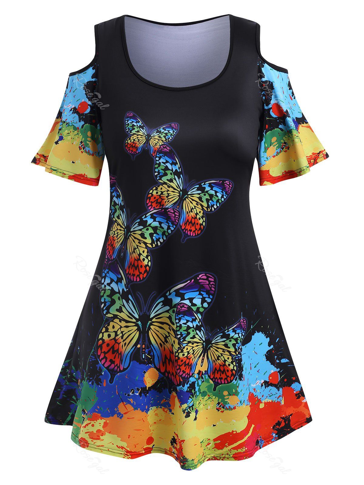 Fashion Plus Size Rainbow Color Butterfly Print Cold Shoulder T Shirt  