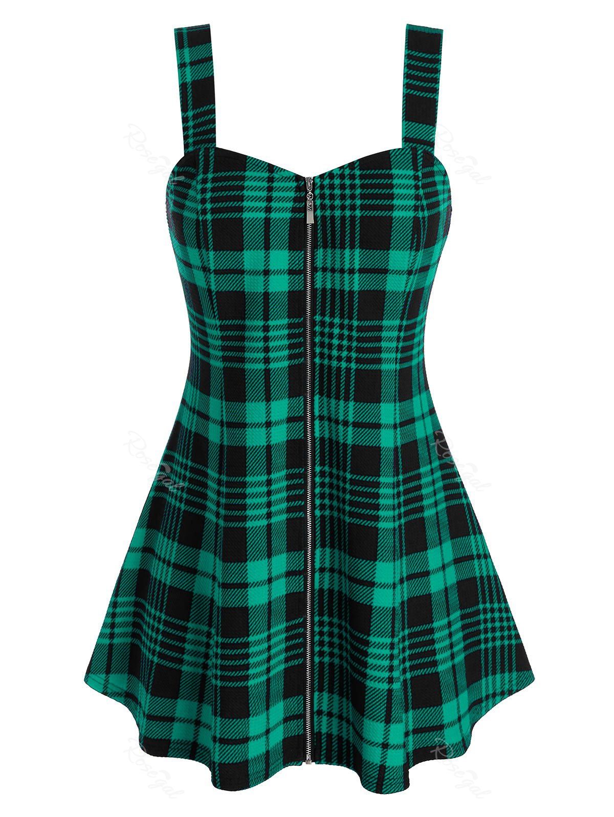 

Plus Size Plaid Zip Front Sweetheart Neck Backless Tank Top, Sea turtle green