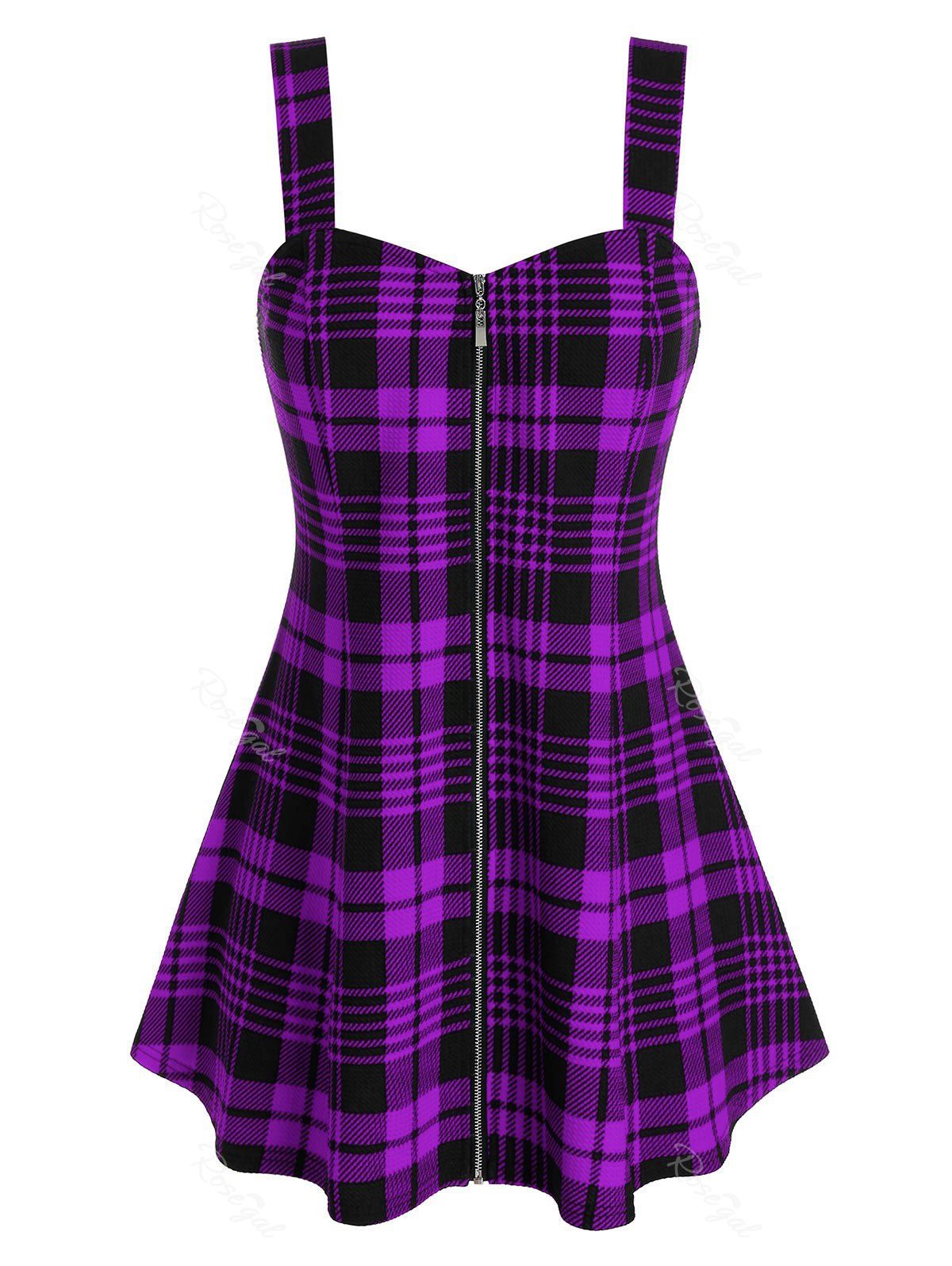 

Plus Size Plaid Zip Front Sweetheart Neck Backless Tank Top, Purple iris